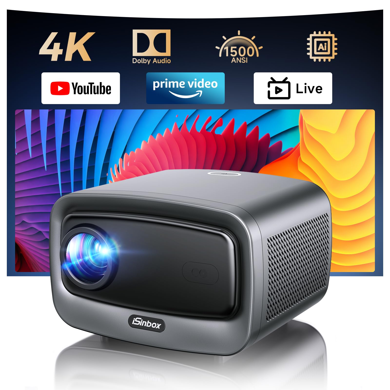4K Beamer kompatibel mit Netflix & Dolby Audio | iSinbox Smart Beamer 1500 ANSI, HDR10+, Autofokus, Staubgeschützt, 6D Keystone, WiFi 6 & Bluetooth | Heimkino & Outdoor Grau Angebot bei HelloDeals