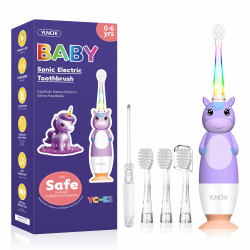 YUNCHI K3 Elektrische Zahnbürste Kinder ab 0-6 Jahre Baby mit buntem LED Licht Smart Timer Kinderzahnbürste Elektrisch Kleinkind Schallzahnbürste mit 4 Weiche Bürstenköpfe (Violett Einhorn) Angebot bei HelloDeals