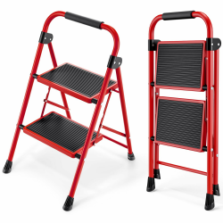 KINGRACK 2 Stufen Leiter, Trittleiter mit Handläufen, Stufenleiter, Klappleiter Tritthocker, Klapptritthocker für Erwachsene mit Griff, Haushaltsleiter Anti-Rutsch-stabilem und breitem Pedal, rot 2 Stufen mit handläufen Rot Angebot bei HelloDeals