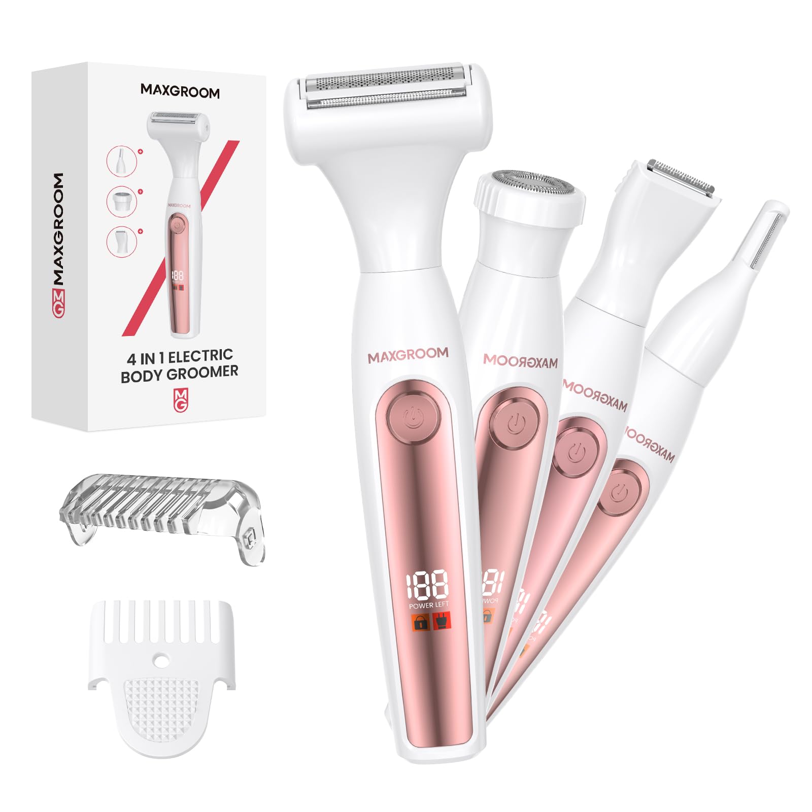 MAXGROOM 4-in-1 Elektrischer Gesichtshaarentferner Damen, Augenbrauenrasierer Körperrasierer Intimrasierer für Frauen, IPX6 Nass-Trocken Körperhaartrimmer Bikini Trimmer Weiß Angebot bei HelloDeals