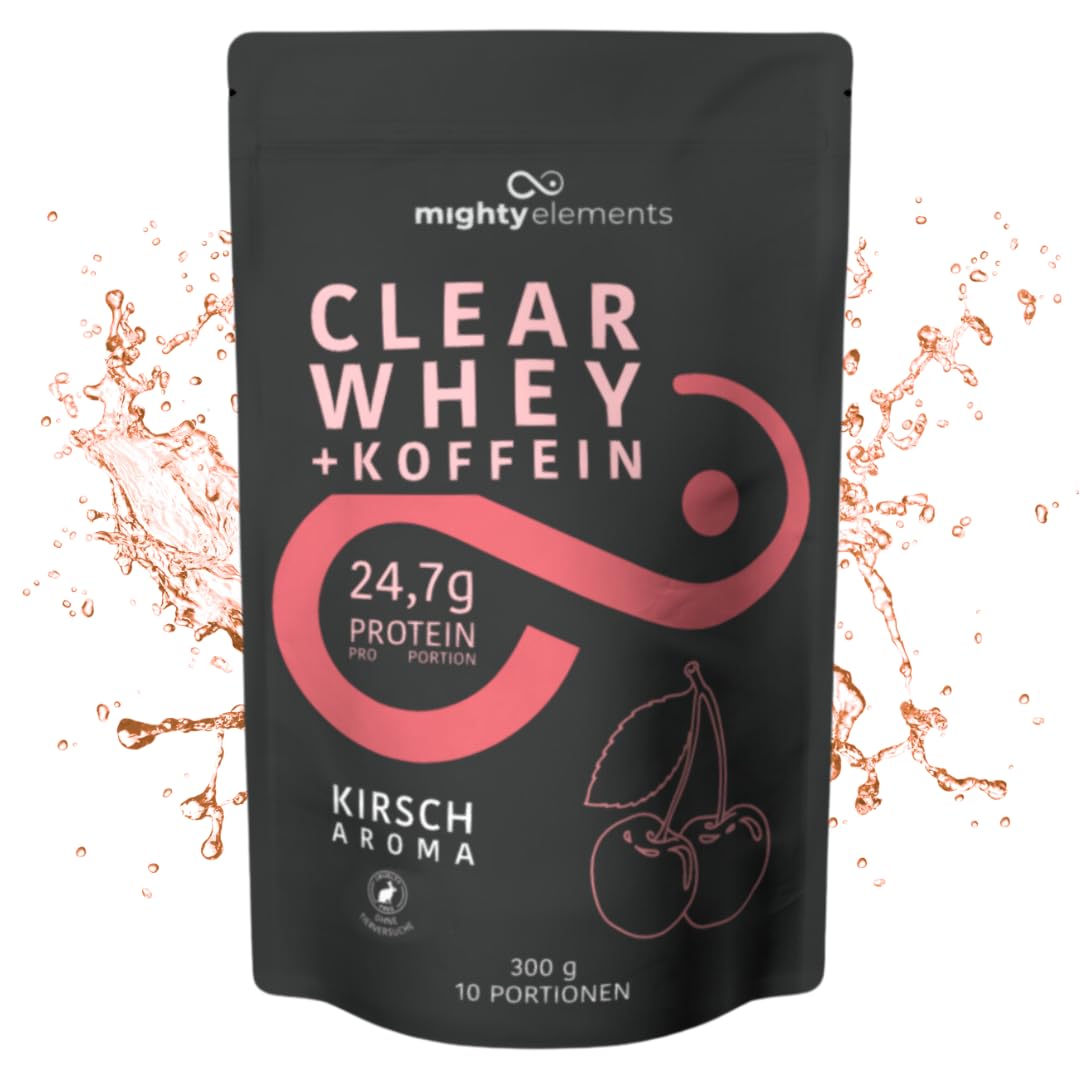 Mighty Elements Clear Whey Proteinpulver Kirsche-Koffein 300g – Molkeneiweißisolat mit 24,7g Protein, Energie durch Koffein, kalorienarm Kirsche 300g Angebot bei HelloDeals