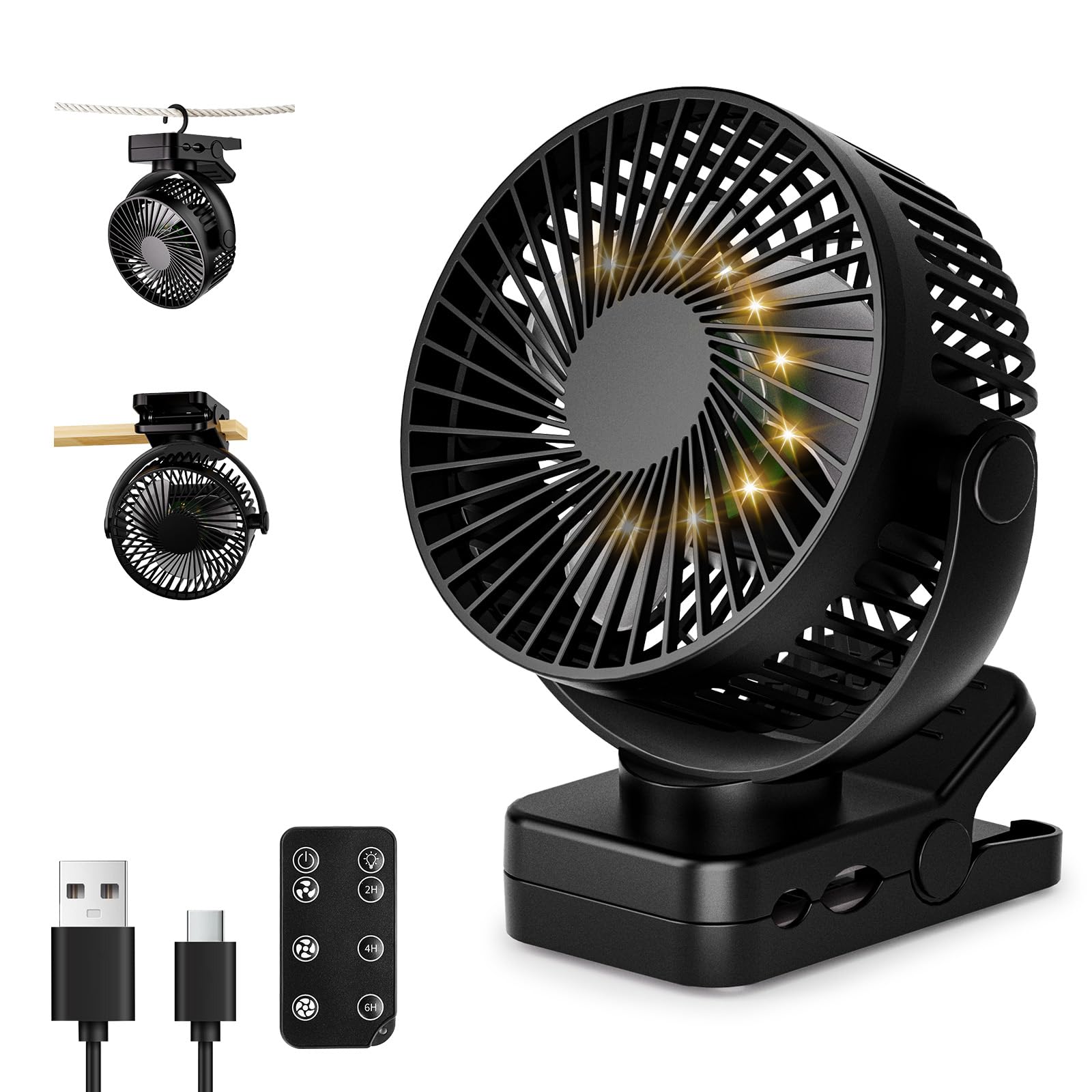 USB Tischventilator Leise mit 12000mAh Akku, Clip Camping Ventilator mit Fernbedienung, Mini Akku Ventilator mit Licht & Timer, 360° Drehbar, 3 Windstufen, Max 44Std Laufzeit für Camping Angebot bei HelloDeals