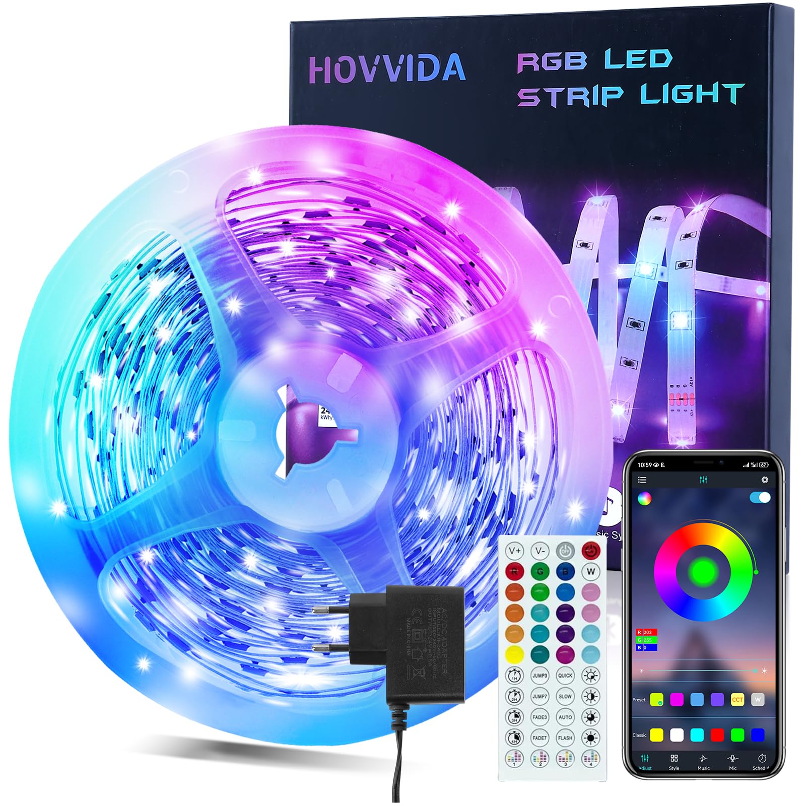 HOVVIDA LED Strip 10M, 1x10M, 30 LEDs/Meter, RGB LED Streifen, 300 LED, APP und Fernbedienung, Musikmodus, Timing-Modus, LED für Zimmer, Wohnzimmer, Küche, Schlafzimmer, Bar, Party 10m Mehrfarbig Angebot bei HelloDeals