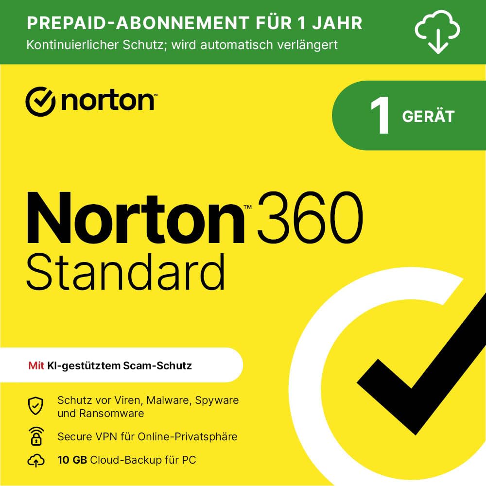 Norton 360 Standard 2026 | 1 Gerät | 1-Jahres Abonnement mit automatischer Verlängerung | Aktivierungscode per Email per Email (Aktivierungscode) 1 Gerät 1 Jahr Automatische Verlängerung Angebot bei HelloDeals