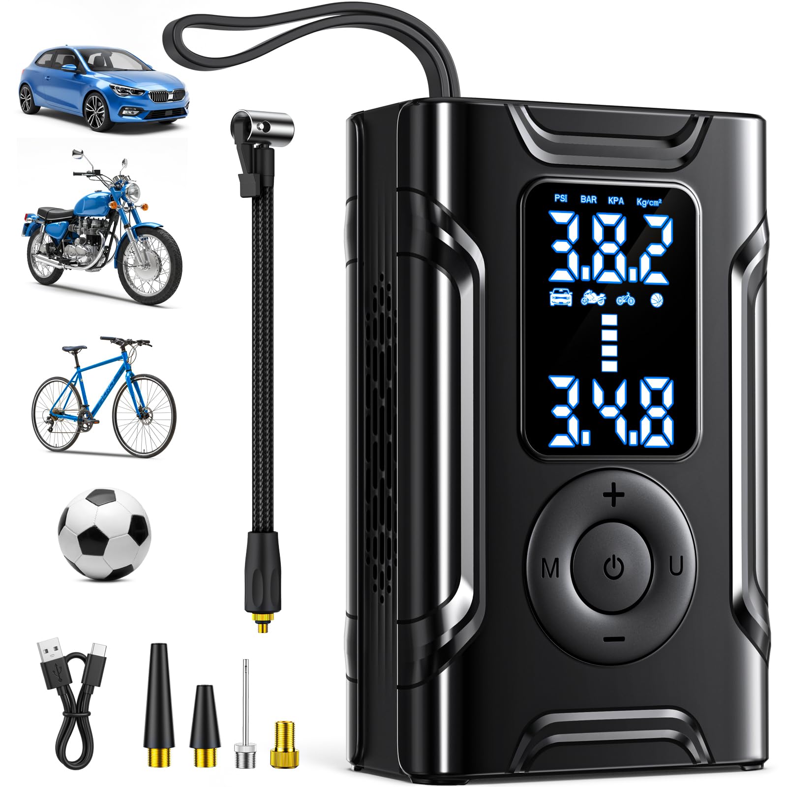 Kabelloser Elektrische Luftpumpe Tragbare Fahrradpumpe - Akku Kompressor Wiederaufladbare Reifenpumpe mit alle ventile Für Auto, Motorrad, Fahrrad Tiefes Schwarz Angebot bei HelloDeals