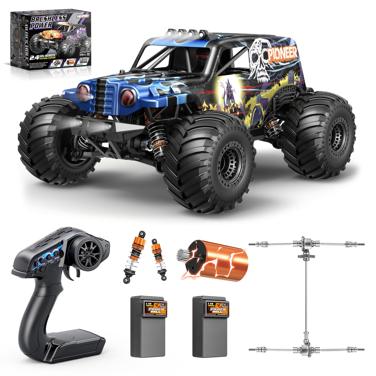 Ferngesteuertes Auto Erwachsene 1:14 Brushless RC Auto/RC Car 4WD 52 km/h mit Öldruck-Stoßdämpfern, 2X 2S LiPo Akku, Aufrüstbar auf 3S 70 km/h, Elektrischer RC Truck für Jungen Blau Angebot bei HelloDeals
