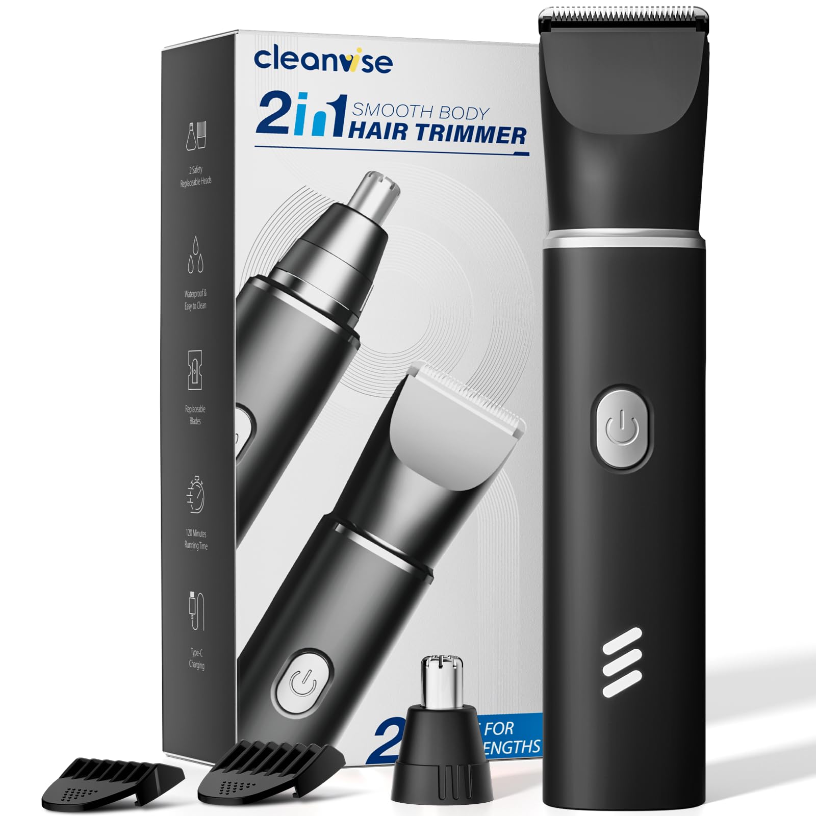 Intimrasierer Mann mit Nasenhaartrimmer 2-in-1, Schmerzfreier Wiederaufladbarer Körperrasierer Herren für Beine Brust Achselhöhle Leiste Nase und Ohren, 2 Empfindliche Kämme, Wasserdicht, Reisesperre BLACK-L Angebot bei HelloDeals