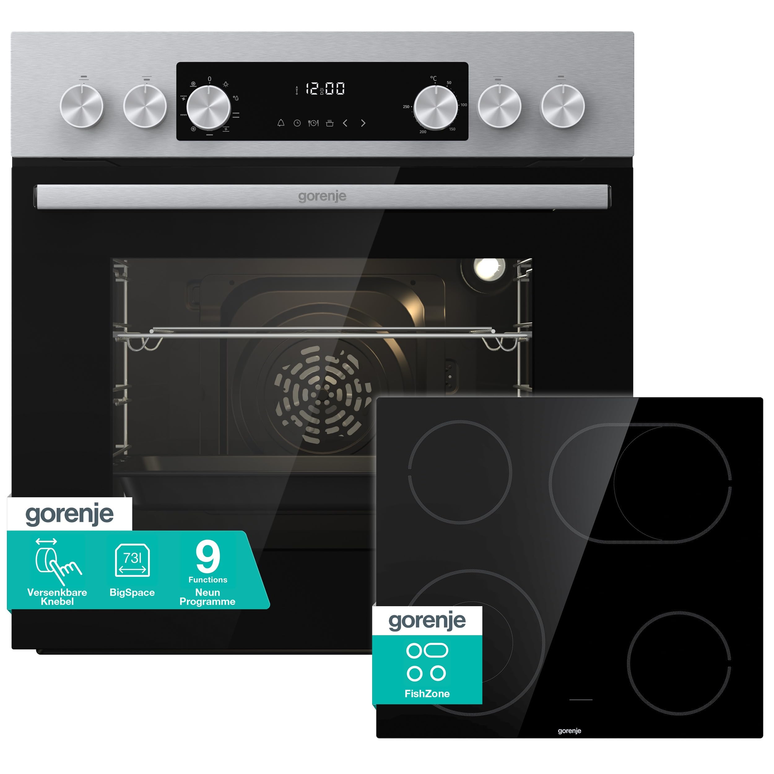 Gorenje Einbau-Herd-Set Inox Air Set mit Glaskeramik-Kochfeld, Heißluft, 73L, 250° max. Ofentemperatur, MultiAir Technologie, 9 Funktionen, Bräterzone, Mininmale Einbaunische (HxBxT): 60x56x58cm Angebot bei HelloDeals