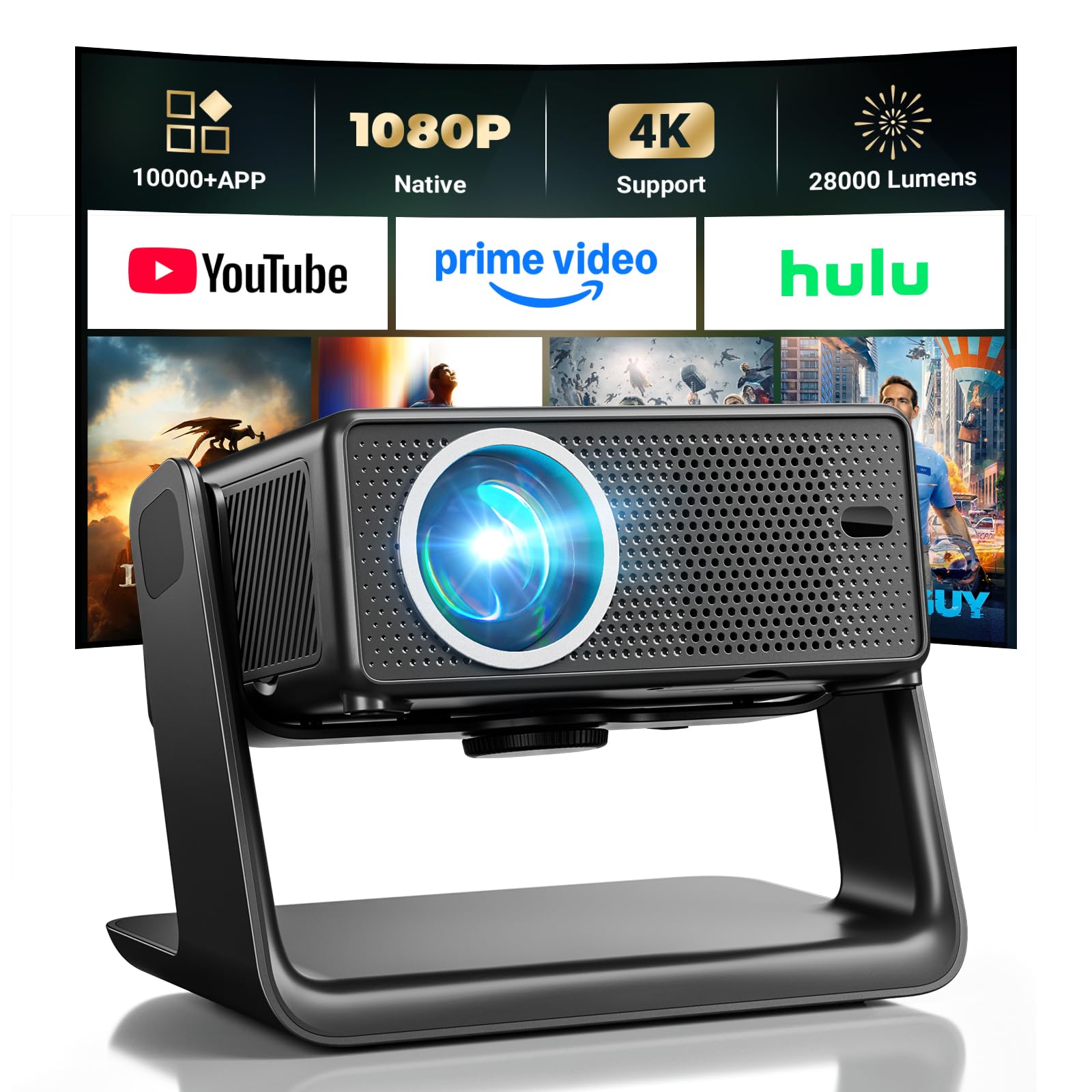 Beamer Kompatibel mit Netflix 28000 Lumen, Mini Beamer 4K unterstützt Native 1080P, WLAN 6 und Bluetooth, elektrischer Fokus and 4D Keystone, über 100000+ Apps, Heimkino/Outdoor Schwarz Angebot bei HelloDeals