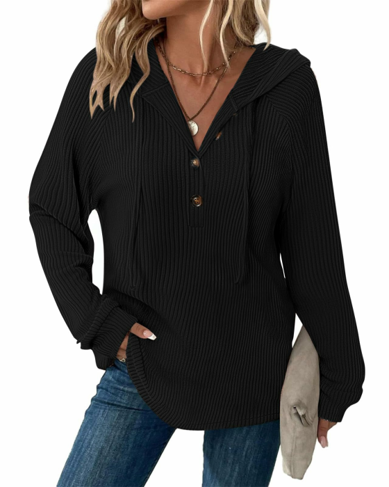Pullover Damen Hoodie V-Ausschnitt Kapuzenpullover Knopfleiste Leichter Strickpullover Langarm Sweatshirt Tops Schwarz L Angebot bei HelloDeals