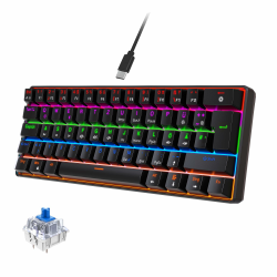 Mechanische Gaming-Tastatur 60%, QWERTZ (DE Layout), 62 Tasten, Blue Switches, RGB-Hintergrundbeleuchtung, Anti-Ghosting, Kabelgebunden, Ultrakompakt, Kompakt für Gaming – Schwarz Blauer Schalter/Schwarz Angebot bei HelloDeals
