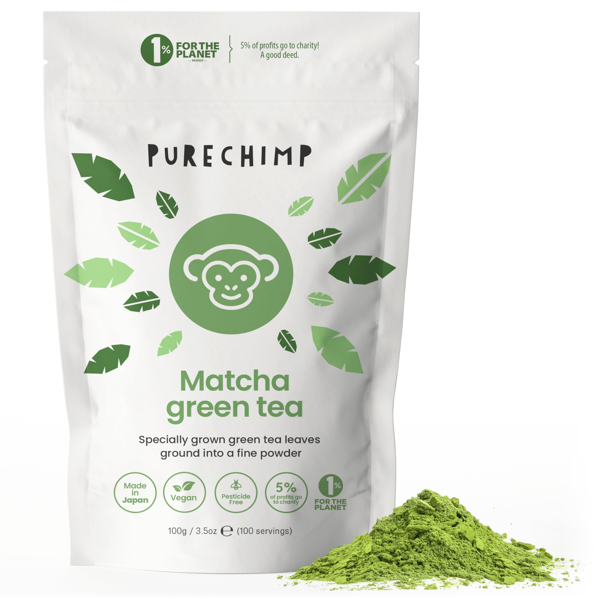 PureChimp Ceremonial Matcha 100 g. 100% reines Tee Pulver aus Schattenanbau für Latte, Aufgüsse & Rezepte. Kompostierbarer Beutel. Reich an Antioxidantien. Angebot bei HelloDeals