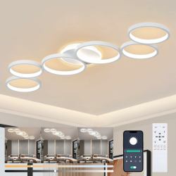 LED Deckenleuchte Dimmbar Wohnzimmer Deckenlampe Weiß Wohnzimmerlampe Schlafzimmerlampe Fernsteuerung und App Steuerung, Modern 6-Rund Ring Deckenbeleuchtung mit Memory Funktion, L113cm/69W Angebot bei HelloDeals