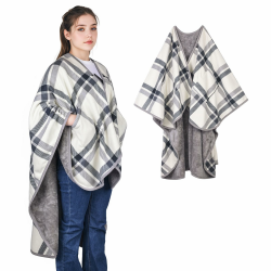 Damen Poncho Fleece Tragbare Decke Flanell Schal Decke Bequemer Poncho-Überwurf Cape mit Knöpfen und Taschen für Bett, Sofa, Büro Grau-weiß Kariert Angebot bei HelloDeals