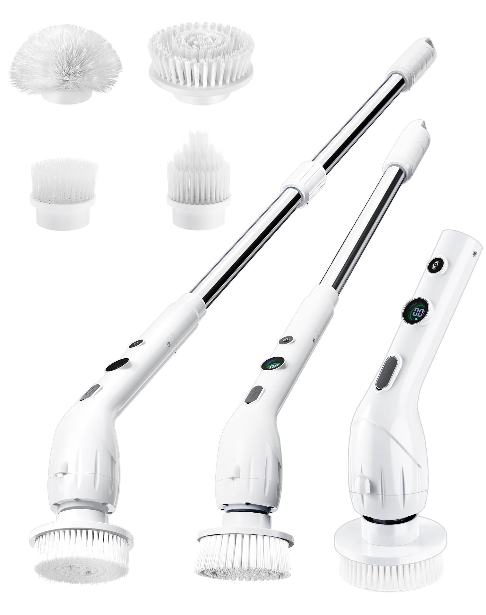 Elektrische Reinigungsbürste mit Verstellbarem Griff 2 Geschwindigkeiten Batterie Display Vollkörper IPX7 Wasserdicht Electric Spin Scrubber 4 Ersatzköpfe für Badezimmer Küche Fenster Fußboden Weiß M Angebot bei HelloDeals