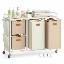 VASAGLE Wäschekorb, Wäschesammler, Wäschesortierer, Rollen, Wäschewagen mit Ablage, kleine seitliche Taschen, 6 Etiketten, 4 Fächer, 150 L, naturbeige-kamelbraun-cremeweiß BLH203N01 Naturbeige + Kamelbraun + Cremeweiß 150 L Angebot bei HelloDeals