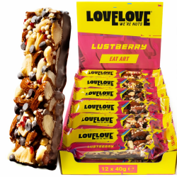 LOVELOVE Lustberry Nussriegel, Mandeln & Zartbitterschokolade, verfeinert mit Himbeeren, Glutenfrei & Ballaststoffreich, 6g pflanzliches Protein, High Magnesium, Ohne Palmöl, Quinoa, 12 x 40 g Himbeere, Mandeln & Dunkle Schokolade Angebot bei HelloDeals