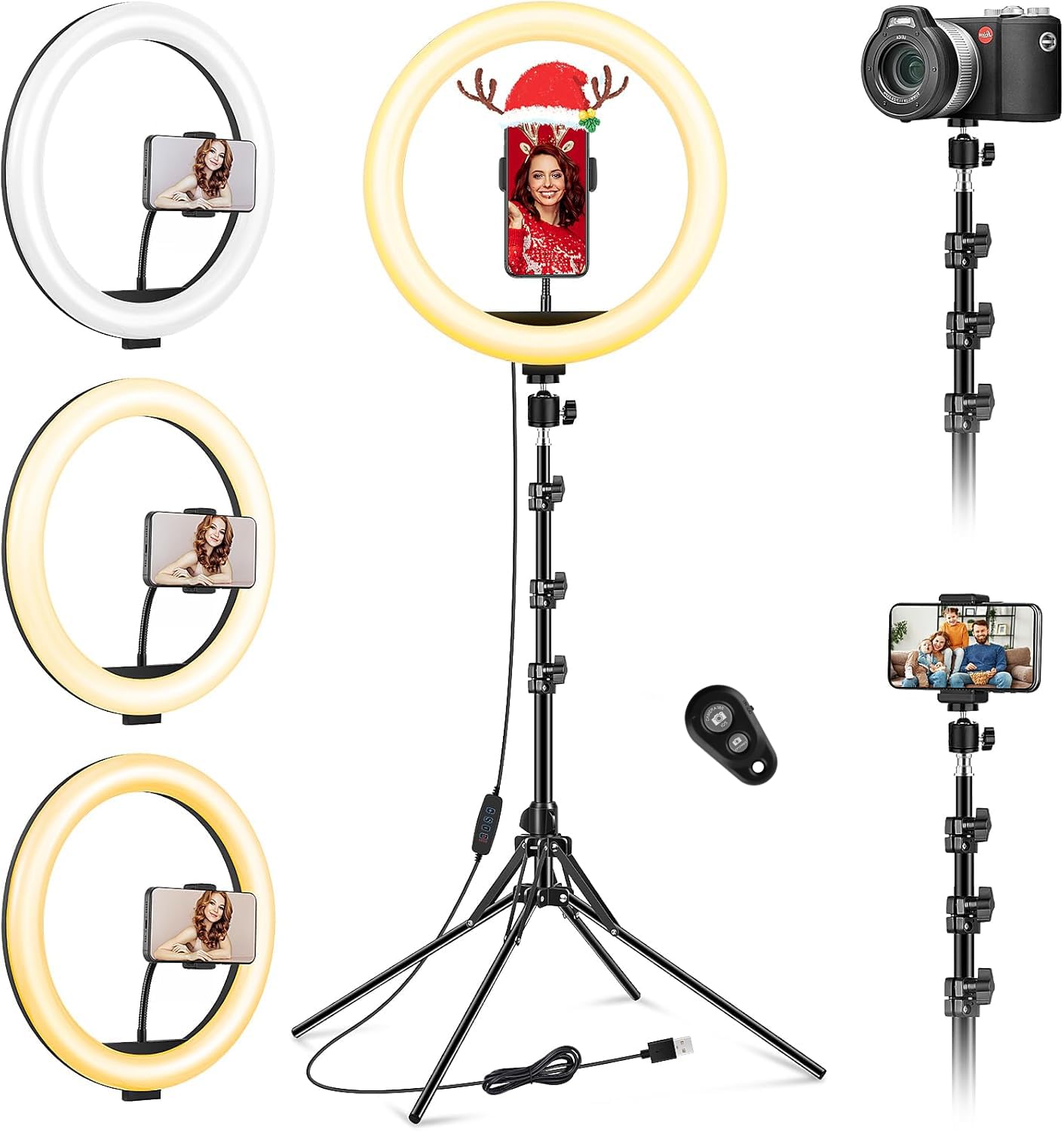 Ringlicht mit Stativständer & Telefonhalter hoch, 32 cm Selfie-Ringlichter für Make-up, Live-Streaming, Tiktok, YouTube-Video, dimmbares LED-Kreislicht mit Fernbedienung (Gesamthöhe 187 cm) 30,5 cm Angebot bei HelloDeals