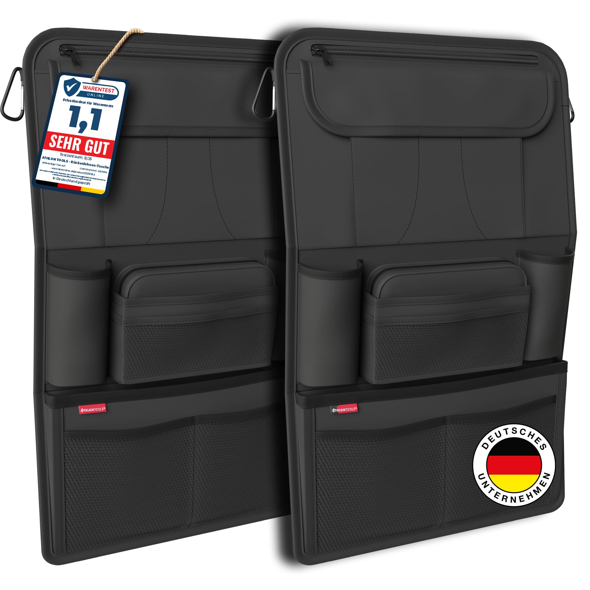 ATHLON TOOLS 2x Autositz-Organizer mit integrierter Tablet-Halter - Verstärkte Rückseite - mit Extra Federtasche - für Business und Kinder - Designed in Hamburg (Schwarz / 2er-Sparset) Angebot bei HelloDeals