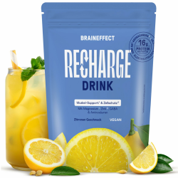 BRAINEFFECT RECHARGE - Premium Hydratationsmischung [360g] - Elektrolyte Ohne Zucker (Mit Stevia) + EAA & BCAA Pulver - Isotonisches Getränkepulver mit Aminosäuren - Zitronen Geschmack Zitrone 360 Gramm Angebot bei HelloDeals