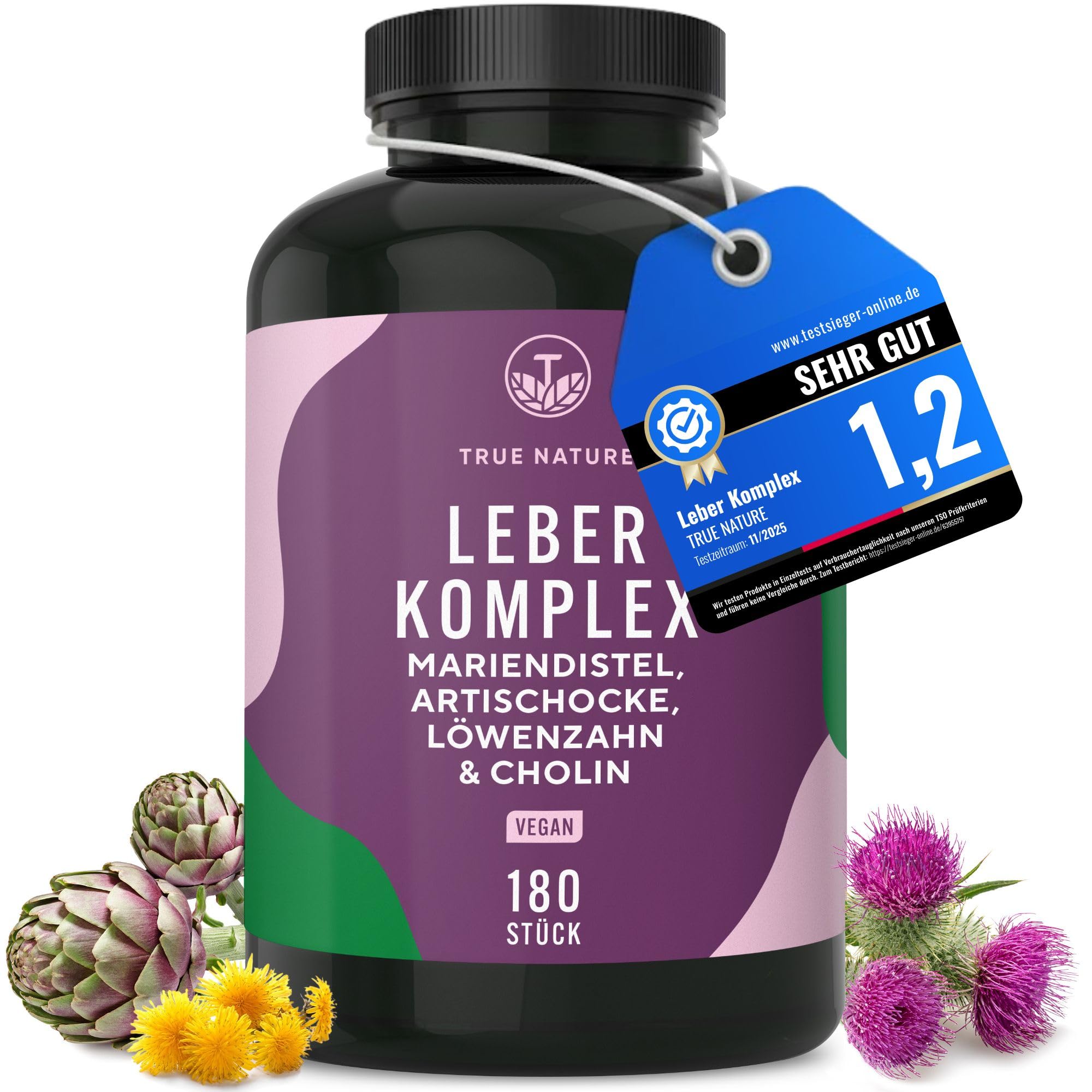 Leber Komplex - Testsieger-Online 11/25 - 180 Kapseln mit Mariendistel, Artischocke, Löwenzahn & Cholin – mit 480mg Silymarin – Unterstützt die Leber durch Cholin* – TRUE NATURE Leberkomplex Angebot bei HelloDeals