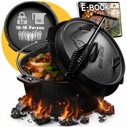 Dutch Oven Set 12L - Eingebrannter Dutch Oven 12 Liter - Feuertopf Gusseiserner Topf mit Füßen & mit praktischem Deckelheber [für 10-16 Personen] mit Füßen 12 Liter Angebot bei HelloDeals
