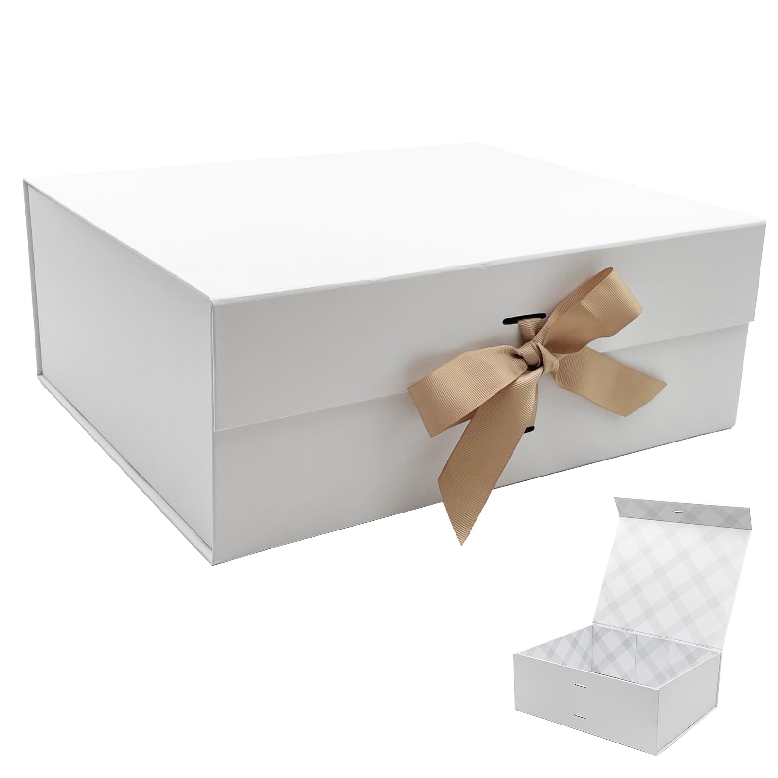Tekhoho Weiße große Geschenkbox 33,5 x 27 x 12,5 cm, Premium-Geschenkbox mit magnetischem Deckel und Band für Feiertage, Hochzeit, Geburtstag, Geschenkverpackung, kariertes Futter 33.5x27x12.5cm-Weiß 1 stück (1er Pack) Angebot bei HelloDeals