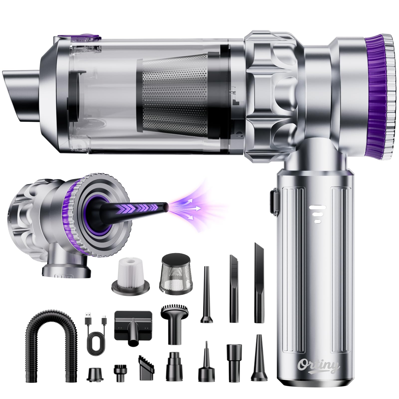 Handstaubsauger Akku, 28000PA Autostaubsauger Kabellos, Bürstenloser Motor, Großer Staubbehälter mit EIN-Knopf-Entleerung, 4 in 1 Mini Staubsauger mit Schlauch für Auto, Tierhaare, PC, Haus L Silberviolett Angebot bei HelloDeals