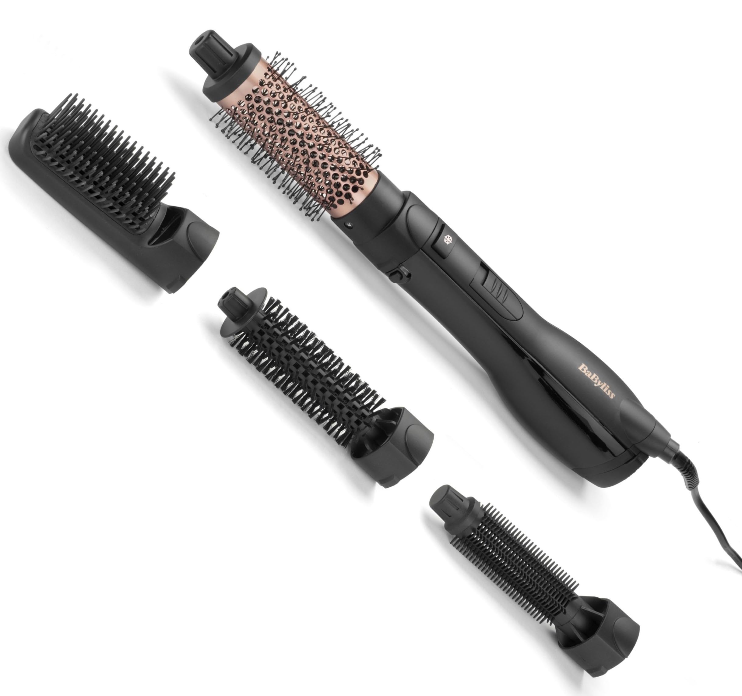 BaByliss Smooth Finish 1200, Warmluftbürste mit 5 Aufsätzen, Volumen/Formen/Glätten, 3 Temperaturstufen, Ionen-Technologie, 1200 W Föhnbürste, AS122E Upgedatete Version Angebot bei HelloDeals