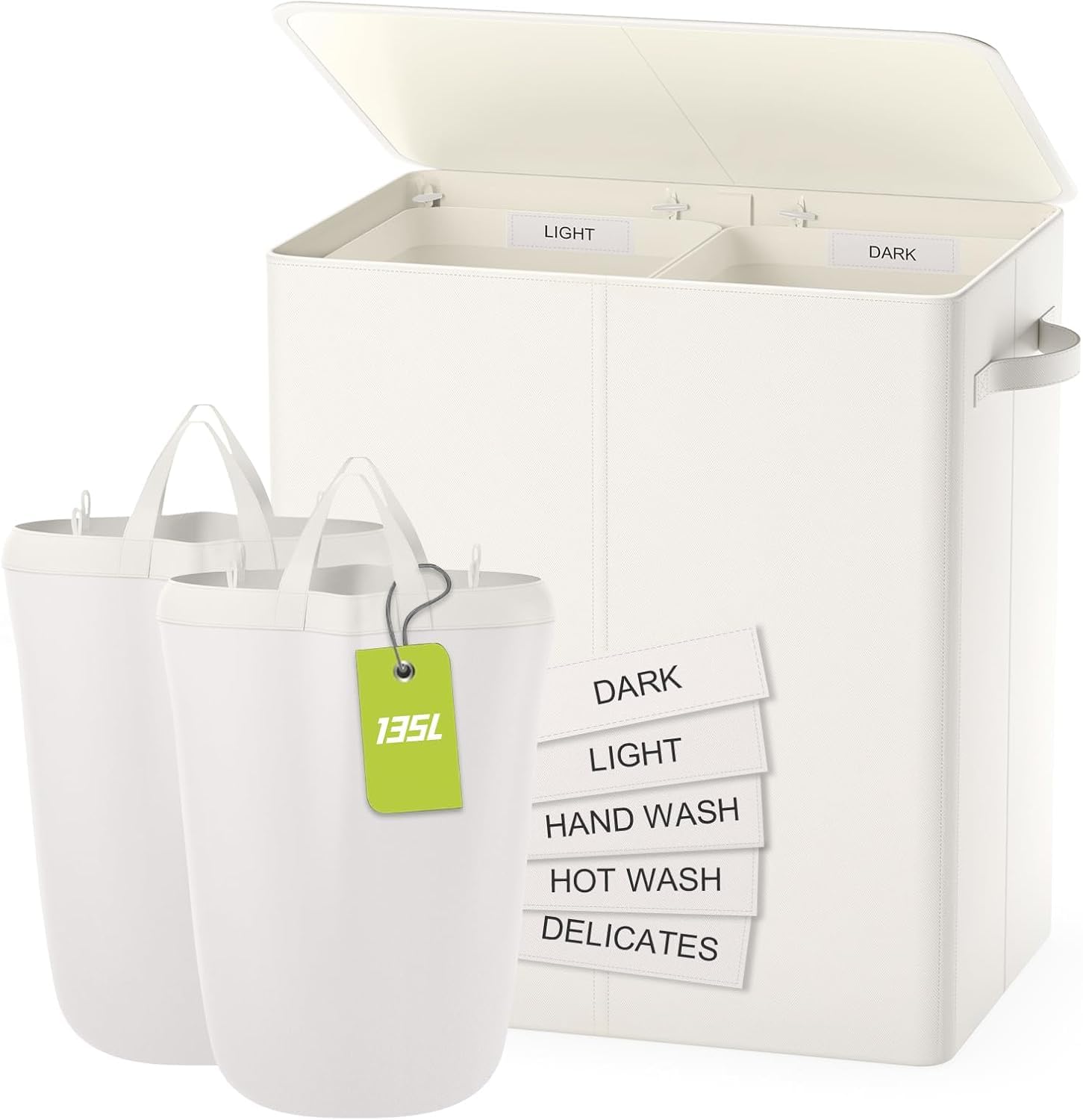 Wäschekorb Mit Deckel, 135L Extra Große Wäschekorb 2 Fächer Schmutzige Kleidung Hampers Für Wäsche Wäschesammler 2 Fächer Geteilt Für Schlafzimmer, Beige Beige 135L Angebot bei HelloDeals