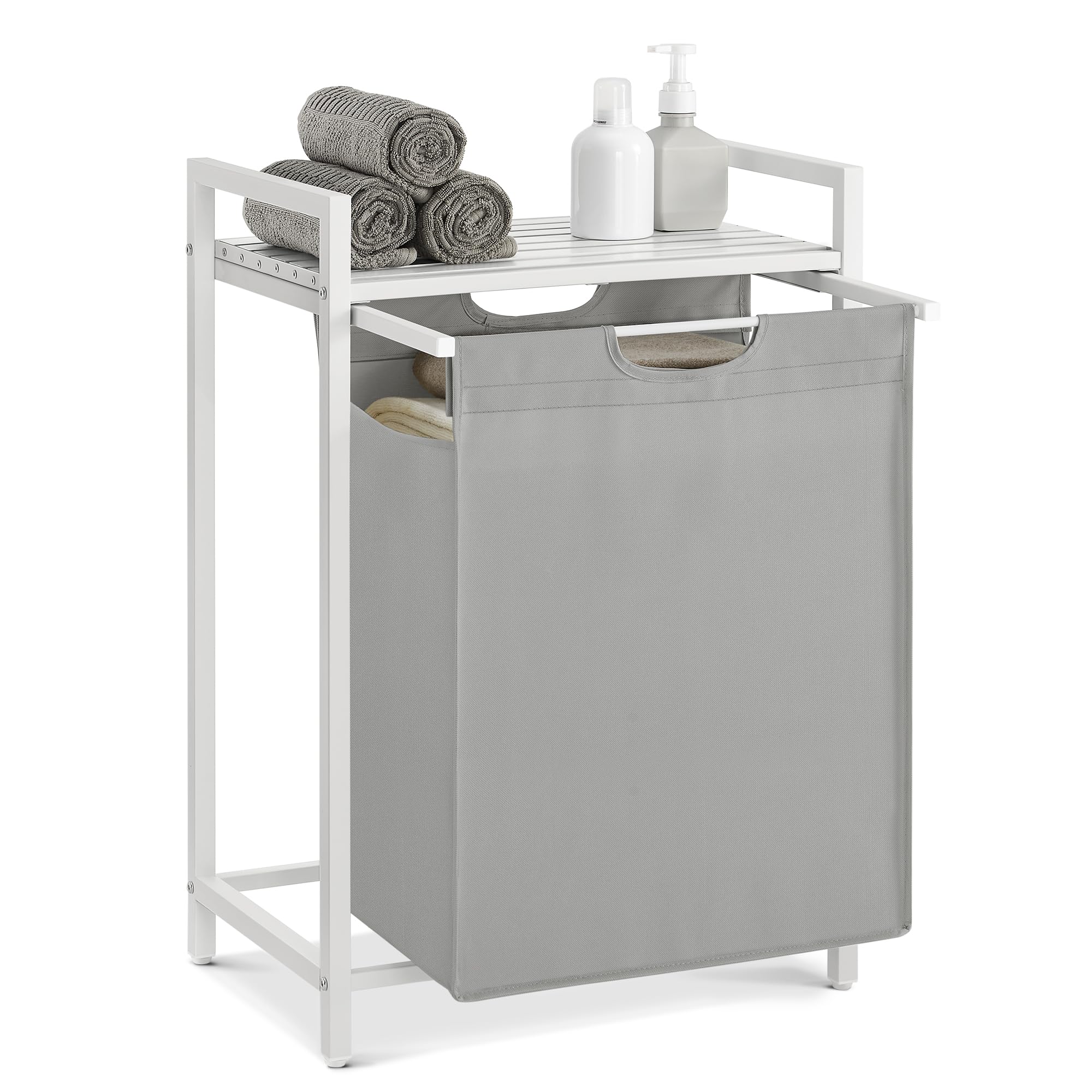 VASAGLE Wäschekorb, Wäschesammler mit Ablage, Wäschebox, Wäschesack aus Oxford-Gewebe abnehmbar, Metallrahmen, 65 L, 50 x 33 x 72 cm, taubengrau-mattweiß BLH101W03 Taubengrau + Mattweiß 65 L (1 Fächer) Angebot bei HelloDeals