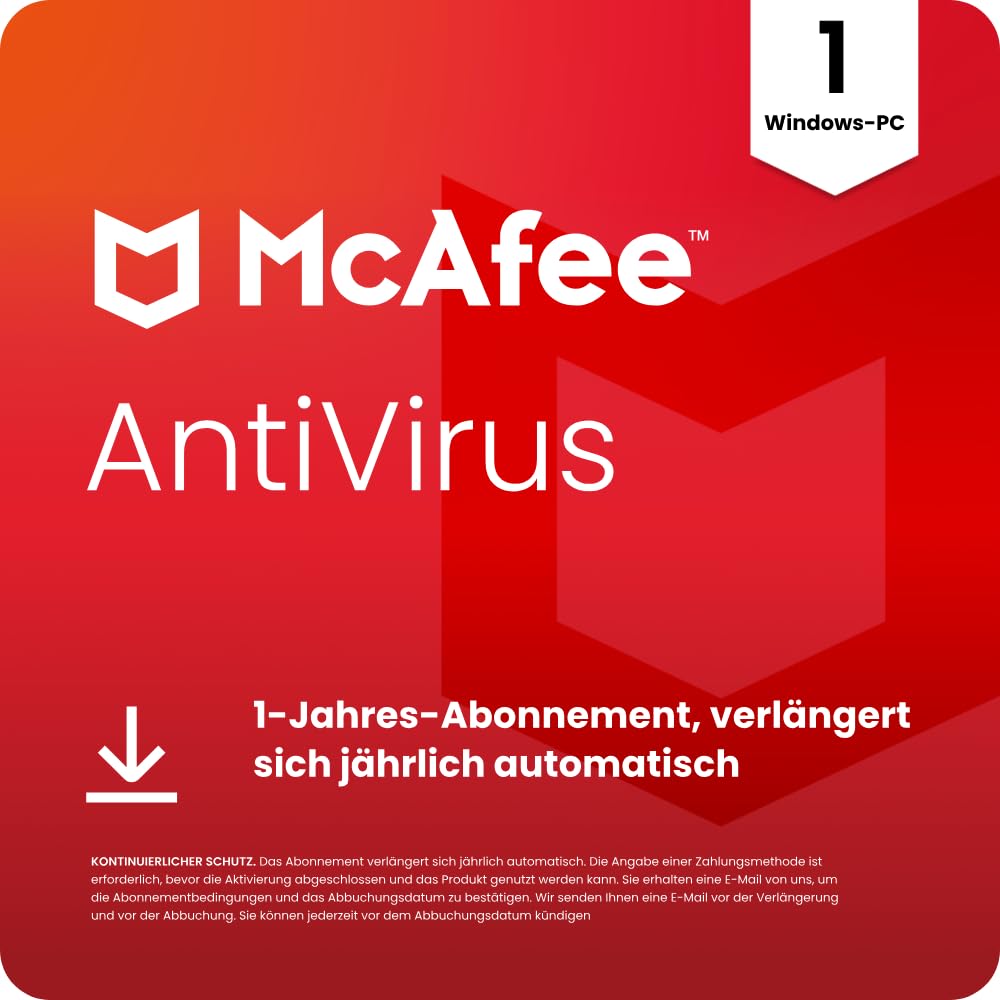 McAfee AntiVirus 2026|Echtzeitschutz für PCs vor neuen und dynamischen Bedrohungen | 1-Jahres-Abonnement mit automatischer Verlängerung | Download Digital Download 12 Monate 10 Geräte Angebot bei HelloDeals