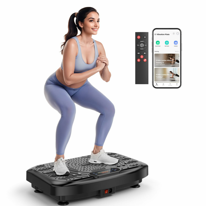 Vibrationsplatte mit App-Steuerung, Fernbedienung & LED, 220kg Belastbarkeit, 199 Stufen Vibration Plate, Rüttelplatte Sport für Zuhause, 200W Motor, Bluetooth & Bänder, Fettverbrennung Angebot bei HelloDeals