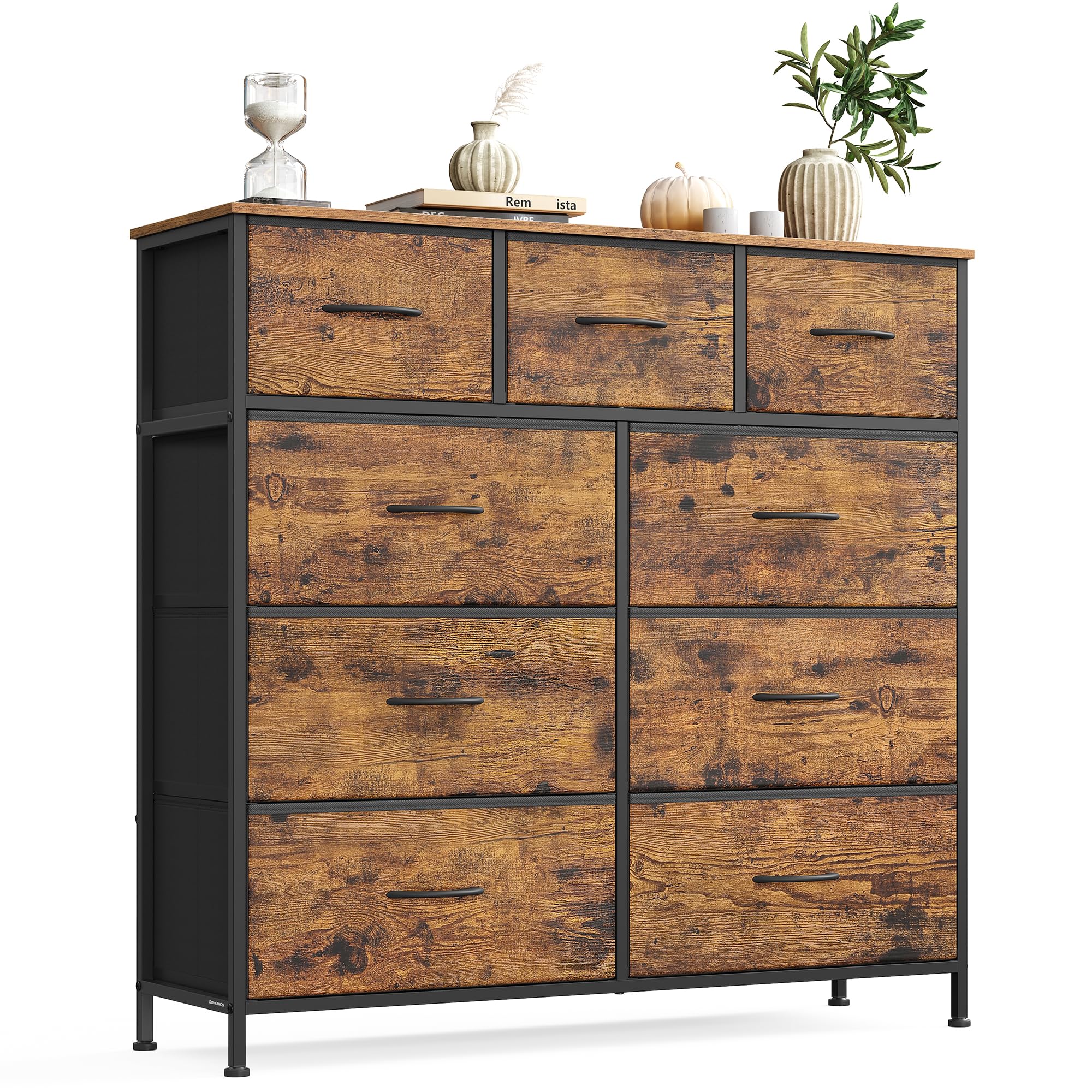 SONGMICS Kommode, Schrank, 9 Stoffschubladen, Aufbewahrungsschrank, Stahl, MDF, Vliesstoff, für Schlafzimmer, Flur, Wohnzimmer, vintagebraun-tintenschwarz LGS324BH04 Vintagebraun + Tintenschwarz 9 Schubladen Angebot bei HelloDeals