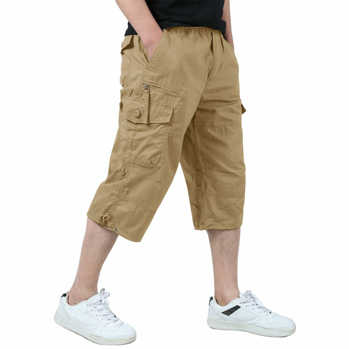 KEFITEVD 3/4 Hose Herren Cargo Shorts Männer Bermuda Shorts Multi Taschen Sommer Kurze Hose Baumwolle Arbeitshose Gummibund Lässig Khaki 38 Angebot bei HelloDeals