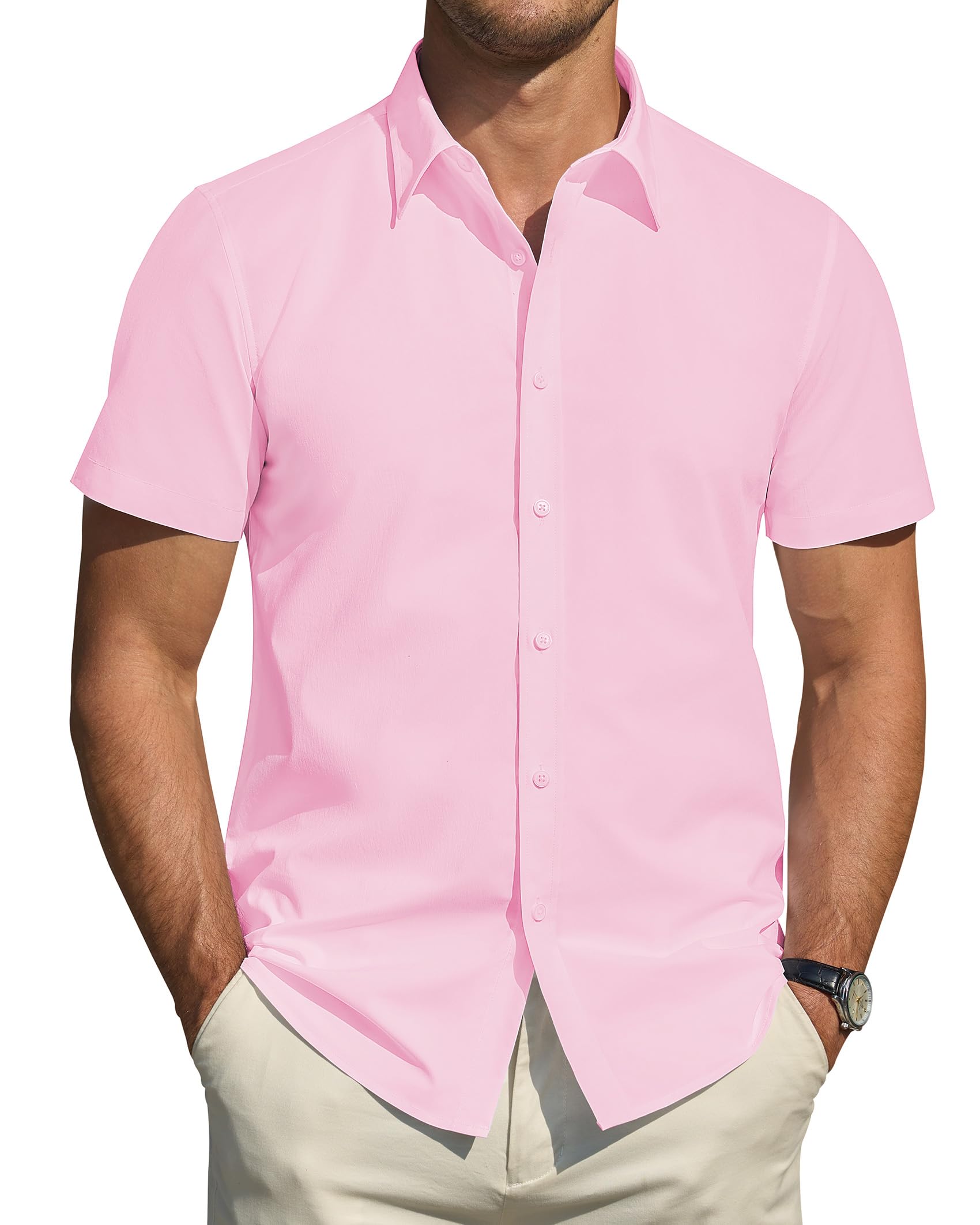 J.VER Hemd Herren Kurzarm Fleckenschutz Regular Fit Herrenhemd Sommer Stretch Hemden Formales Hochzeit Freizeit Businesshemd Rosa M Angebot bei HelloDeals