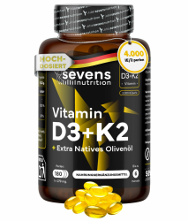 Vitamin D3 K2 4000 IE + MK7 - Hochdosiert mit 200 µg Vitamin K2 - Mit Nativem Olivenöl für Optimale Aufnahme - 180 Kapseln – Sevens Angebot bei HelloDeals